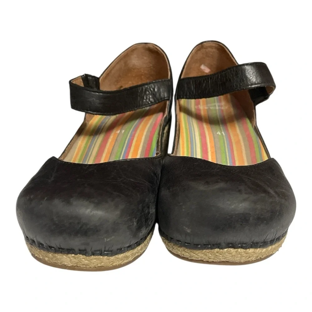 Dansko Jute Mary Jane Black Leather Clog Shoes - Picture 2 of 7